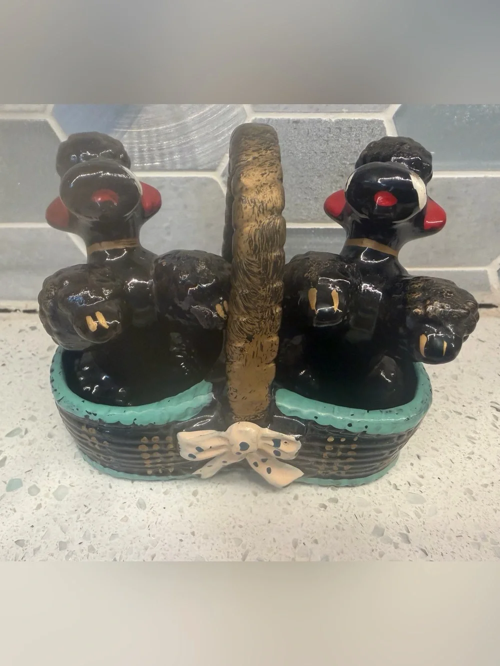 Vintage 1950s Poodle & Basket Salt & Pepper Shakers. Japan Redware.